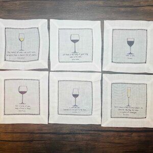 NEW wine quotes White Linen Hemstitch Cocktail Napkins Coasters Set of 6